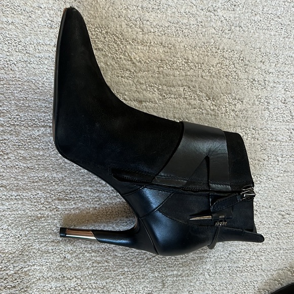 Suede and leather booties with pewter and chrome accents. - Picture 2 of 4